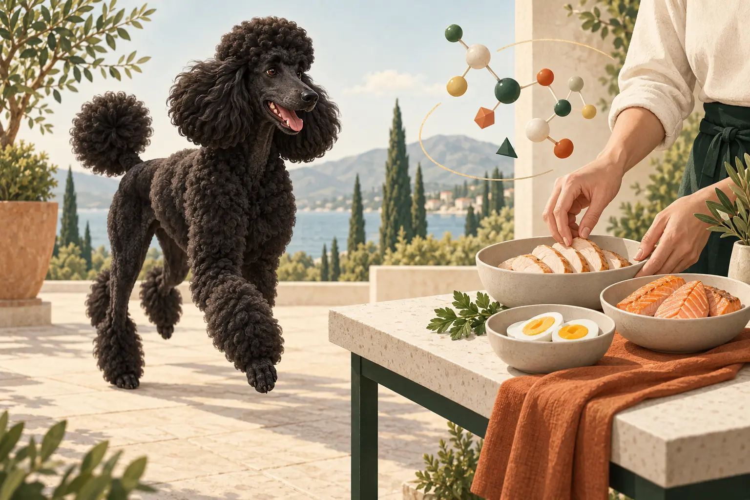 Активная собака рядом с миской безопасных белковых продуктов и абстрактными элементами, символизирующими аминокислоты